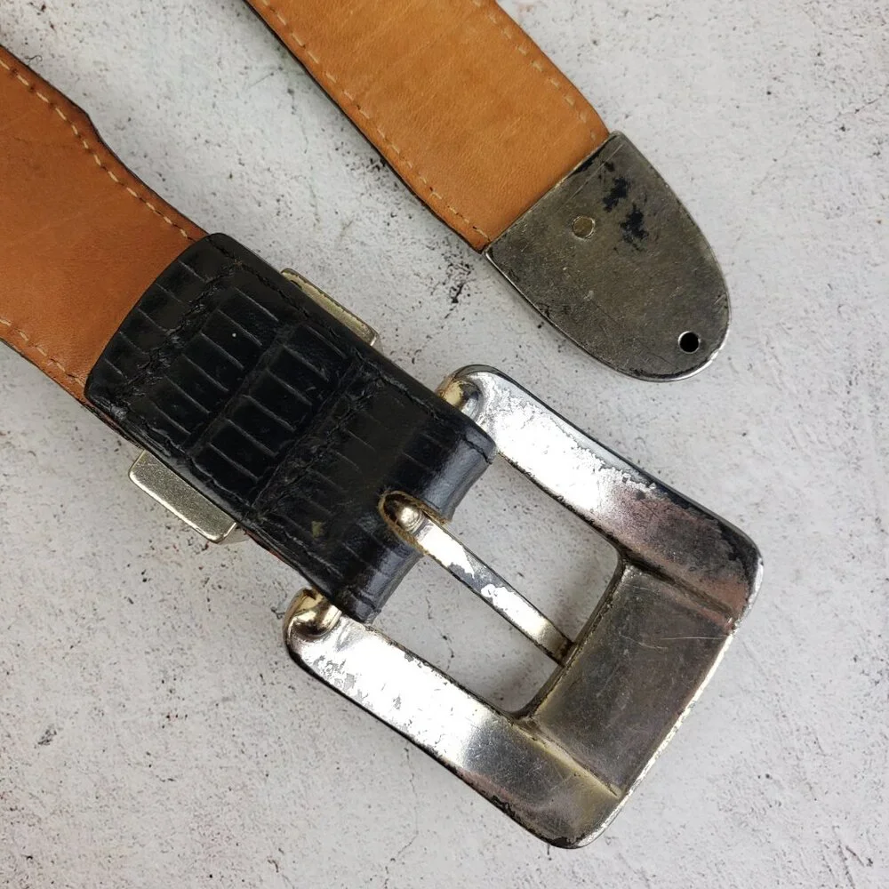 Vintage Brighton ONYX Leather Belt Western Black Croc Texture Patina Rustic Boho